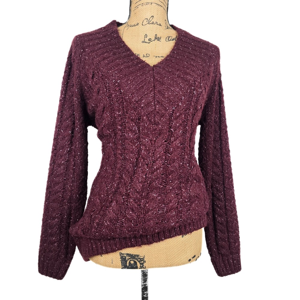 FatFace Womens Cable Knit V-Neck Sweater Dark Red Burgundy Flecked Size US 6